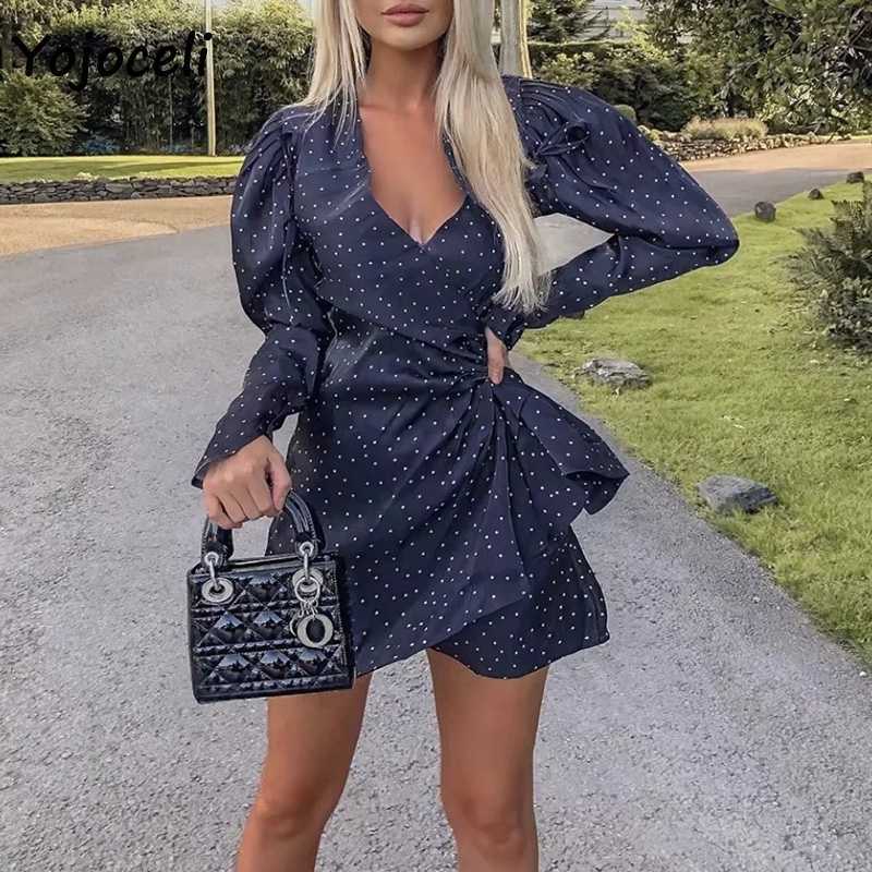Yojoceli dot print bow dres long sleeve wrap style French lady streetwear mini 210609