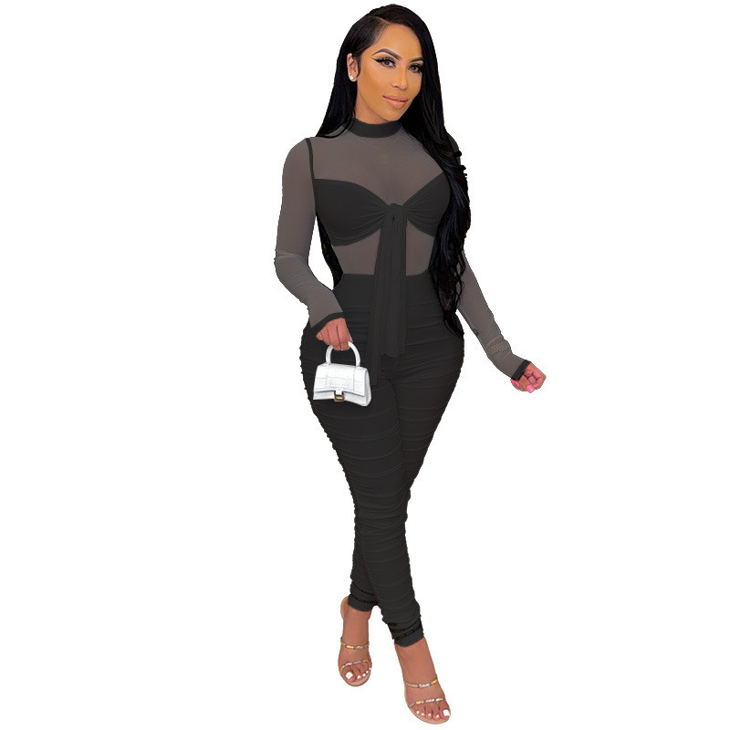 Sexy Club Jumpsuits Women Plus Size 3X 4XL Long Sleeve Rompers High Stretchy Mesh bodycon Bodysuits Sheer Nightclub Wear Bandage Jumpers 6889