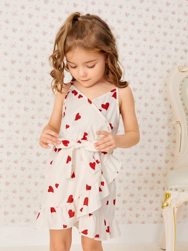 Toddler Girls Heart Print Ruffle Hem Cami Dress SHE R250424