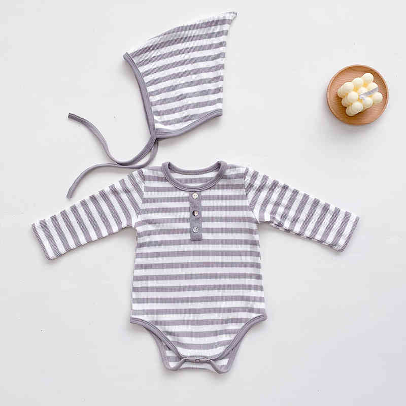 Autumn Winter born Infant Baby Boys Girls Stripe Rompers + Hat Clothing Kids Boy Girl Long Sleeve Clothes 210429