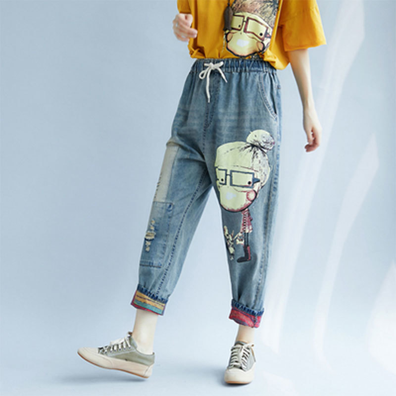 Arrival Spring Autumn Arts Style Cartoon Print Loose Casual Jeans Vintage Hole Cotton Denim Harem Pants Plus Size M583 210512