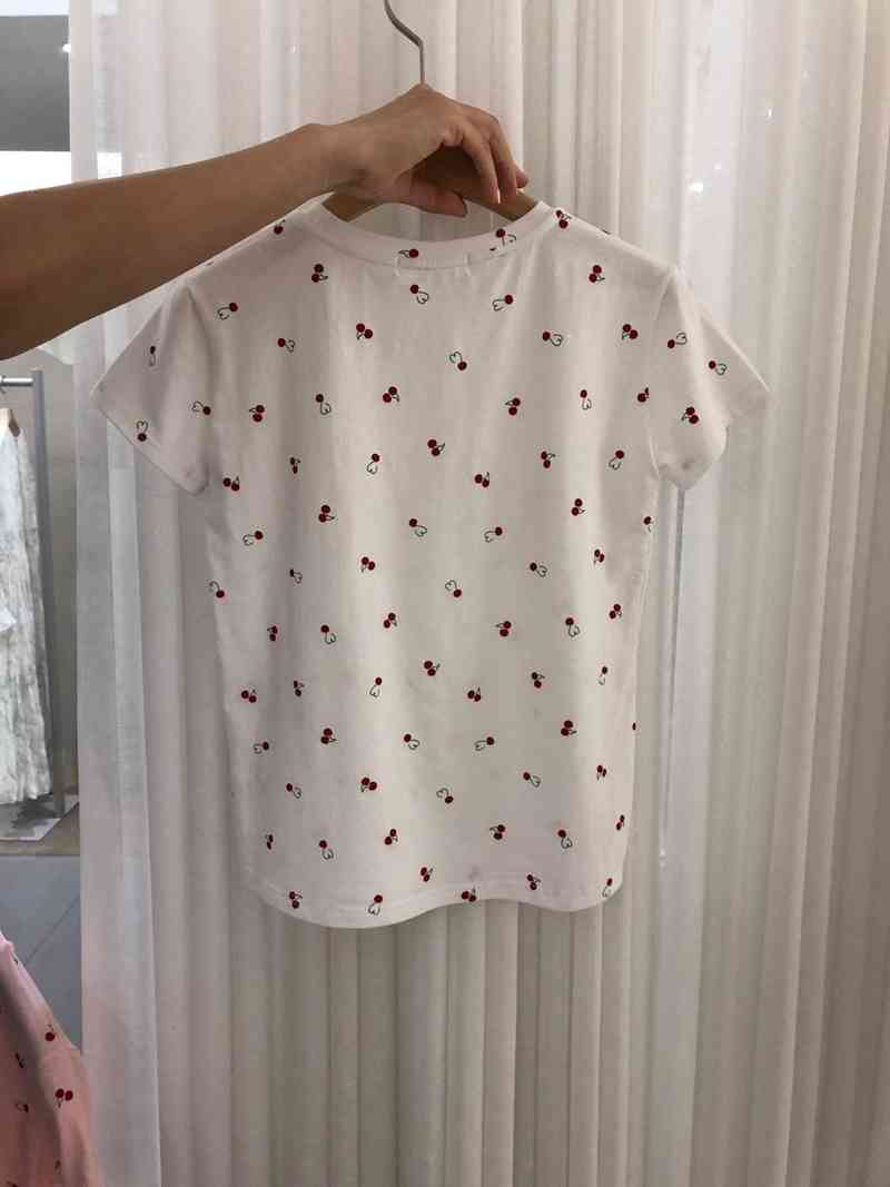 Summer Sweet Cotton Pink O Neck Short Sleeve Cherry Print Tshirts Women Wild Tops & Tees Clothes Fashion Chic Basic Simple 210429
