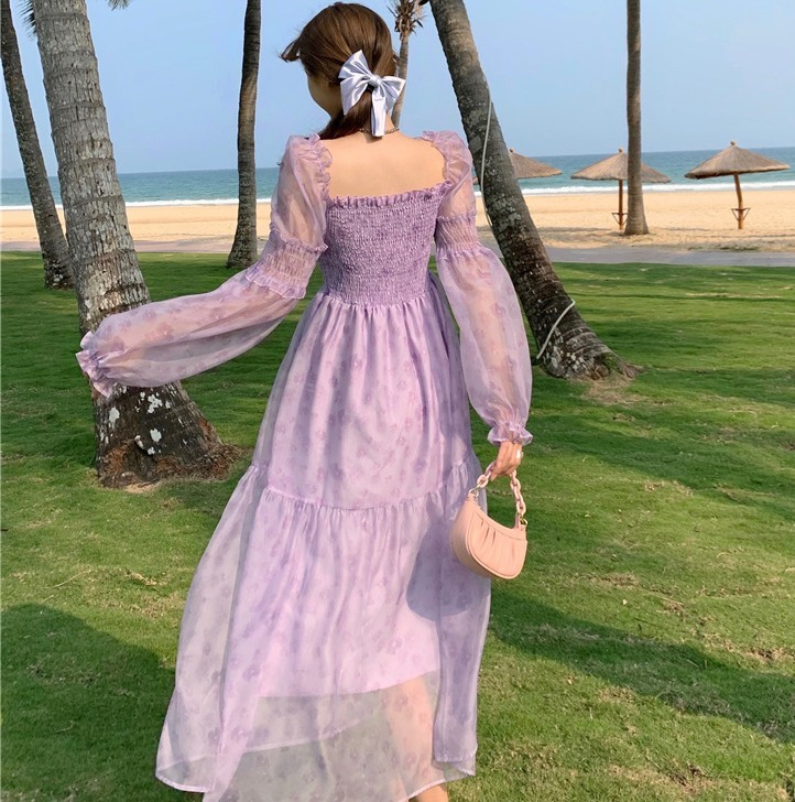 Vintage French Summer Bohemia Beach Dress Elegant Women Purple Long Sleeve Chiffon Casual Fairy Midi Vestidos 210519