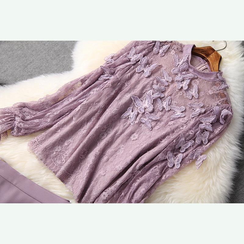Est 2021 Stylish Runway Suit Set Women's Long Sleeve Lace Blouse Top Strass Buttons Skirt Two Piece Dress