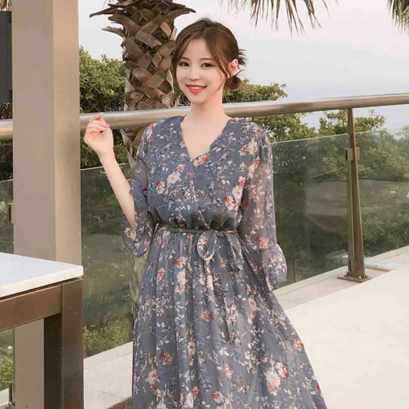 Women Dress Summer Vintage Midi Long es Vestidos V-neck Flare Short Sleeve Print Sweet Casual Chiffon 10451 210518