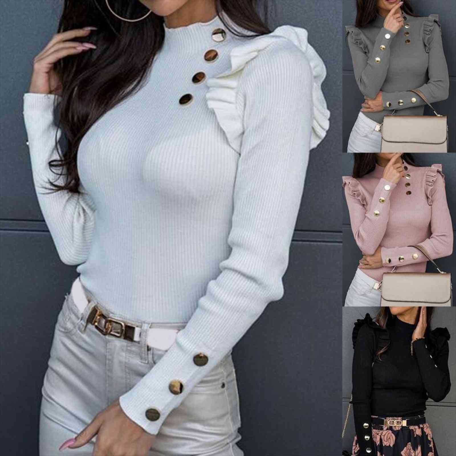 plus size autumn winter women shirts long sleeve knitwear rib ruffle buttons basic shirt, White
plus size autumn winter women shirts long sleeve knitwear rib ruffle buttons basic shirt, White