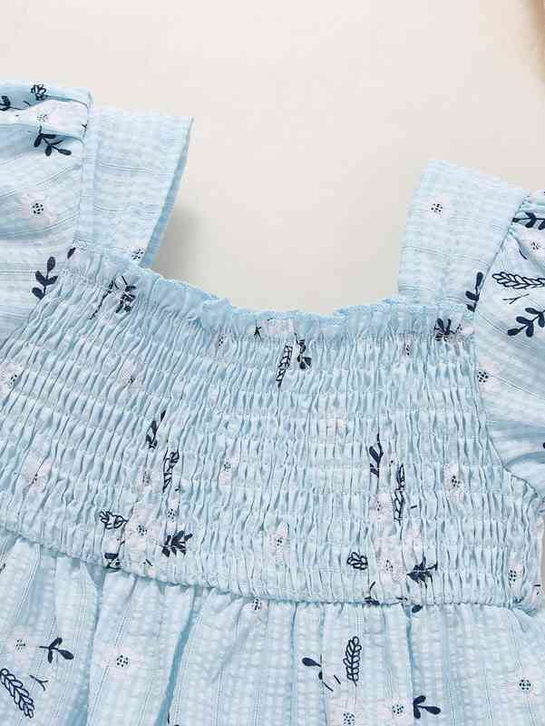 Baby Floral Print Textured Shirred Puff Sleeve Ruffle Hem Dress SHE