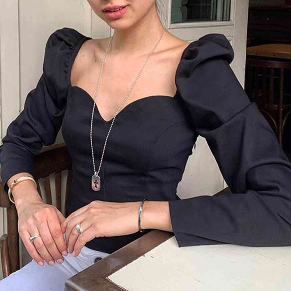 Elegant Womens Shirt Sexy V Neck Long Puff Sleeve Blouse Female Solid Tight Chic Tee Shirts Slim Tops Streetwear 210428