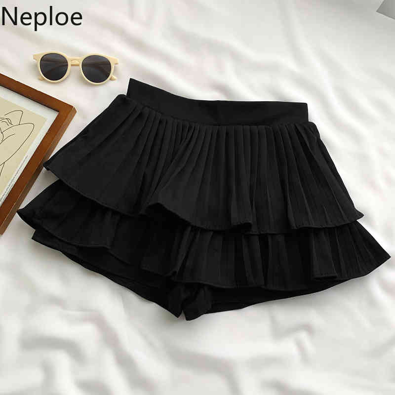Neploe Elastic Waist Cake Shorts Skirts Women Fashion All Match Thin Pleated Wide Leg Pants Sweet Ruffles Cute Mujer Pantalones 210422