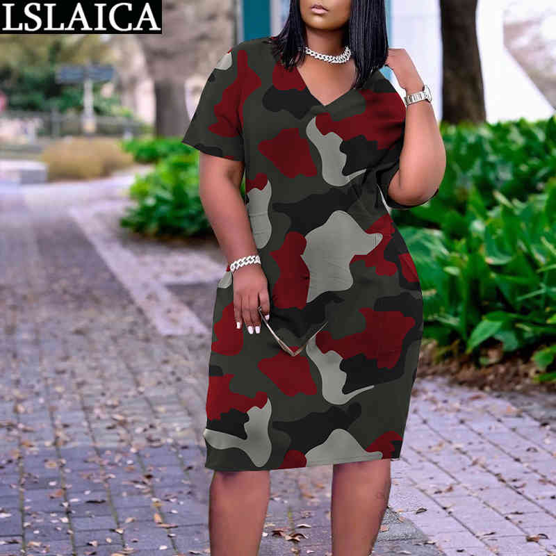 Wholesale Summer Clothes for Women Short Sleeve Camouflage Print Dress V Neck Plus Size Streetwear Female Robe 210515