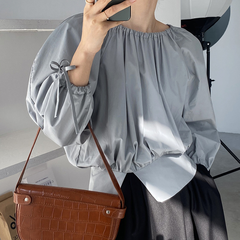 Women's Blouses & Shirts Spring Lace Up Pure Color Cotton Woman Round Neck Lantern Sleeve Ruched Short Tops Side Split Chic Women, White
Women's Blouses & Shirts Spring Lace Up Pure Color Cotton Woman Round Neck Lantern Sleeve Ruched Short Tops Side Split Chic Women, White