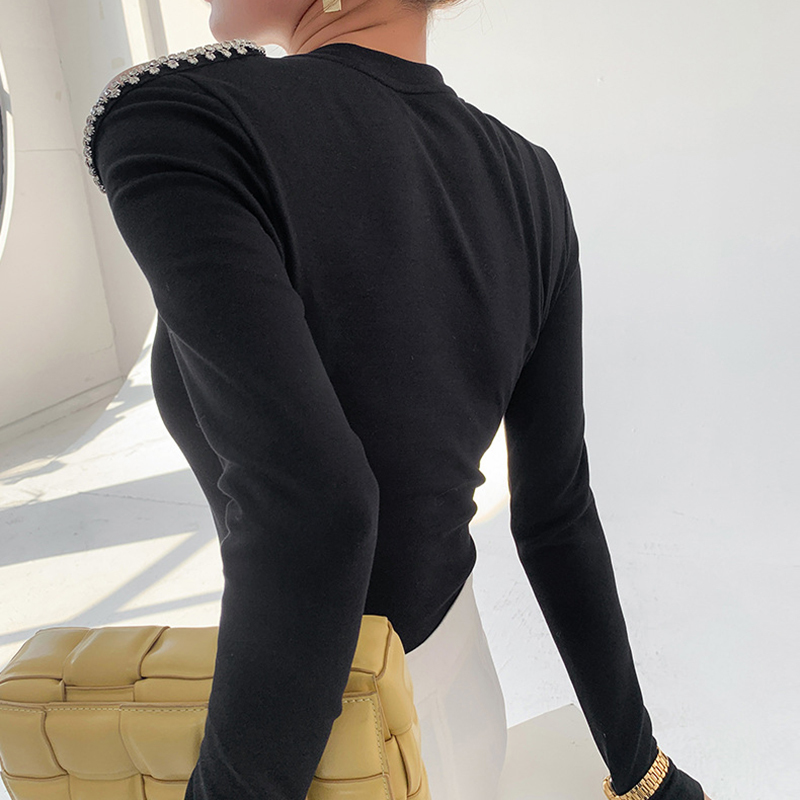 TWOTWINSTYLE Off Shoulder Patchwork Diamond Tops For Women O Neck Long Sleeve Black T Shirt Female Fashion Clothing 210517