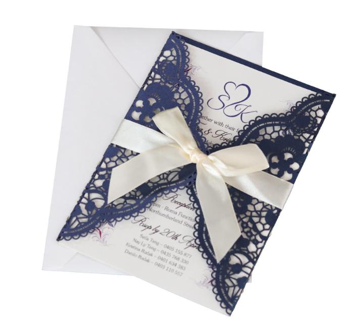 2021 Ivory Laser Cut Wedding Invitation with Ivory Shimmer Insert and Ivory Ribbon Bow, Laser Cut Wrap Invitation