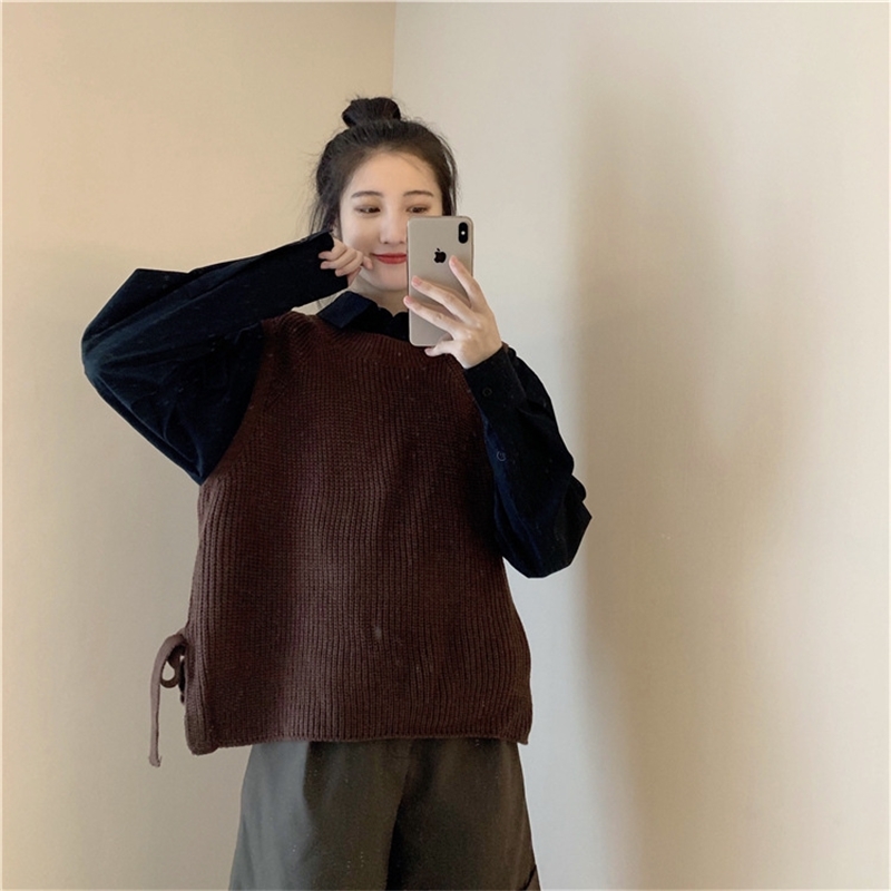 Spring Autumn Women Sweater Waistcoat harajuku Womens Elegant fashion lace up Pullover Knitting Tops Outerwear Vest 210702