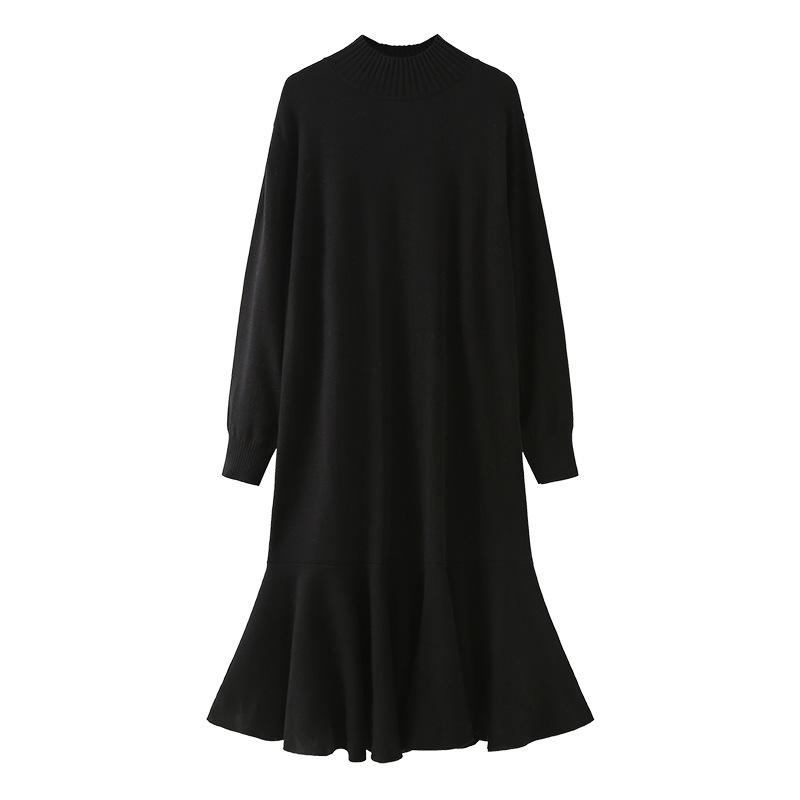 Large Female Autumn Knitted Dress Simple Mid-calf Round Neck A-line Preeey Style Ruff Solid Long Sleeves Loose Xl-4XL Casual Dresses