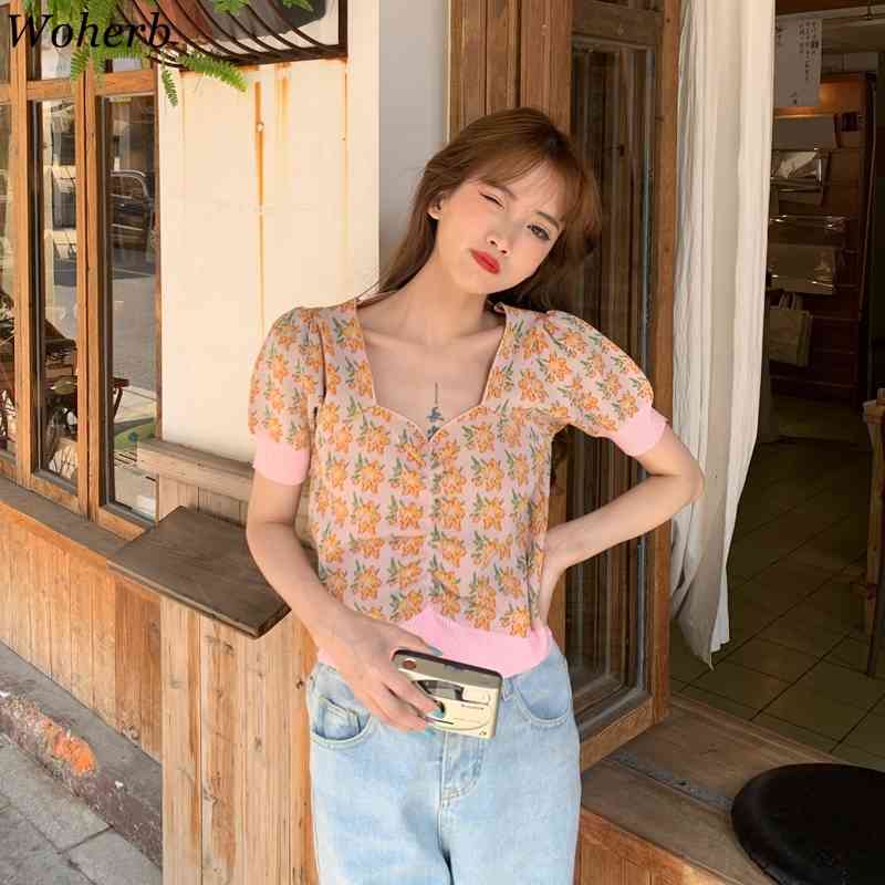 Stretch Knit Jacquard Crop Top Korean Square Neck Sweet Pullover T Shirt Fresh Temperament Drawstring Short Thin Jumper 210519