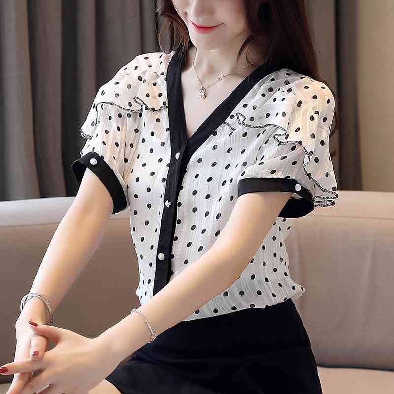blouses woman summer short sleeve women ruffles v-neck dot chiffon top female womens tops and 4941 50 210508