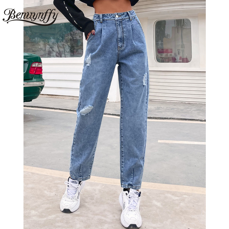Solid Pleat Front Ripped Jeans Woman Spring Autumn High Waist Casual Streetwear Women Baggy Denim Pants Bottoms 210510