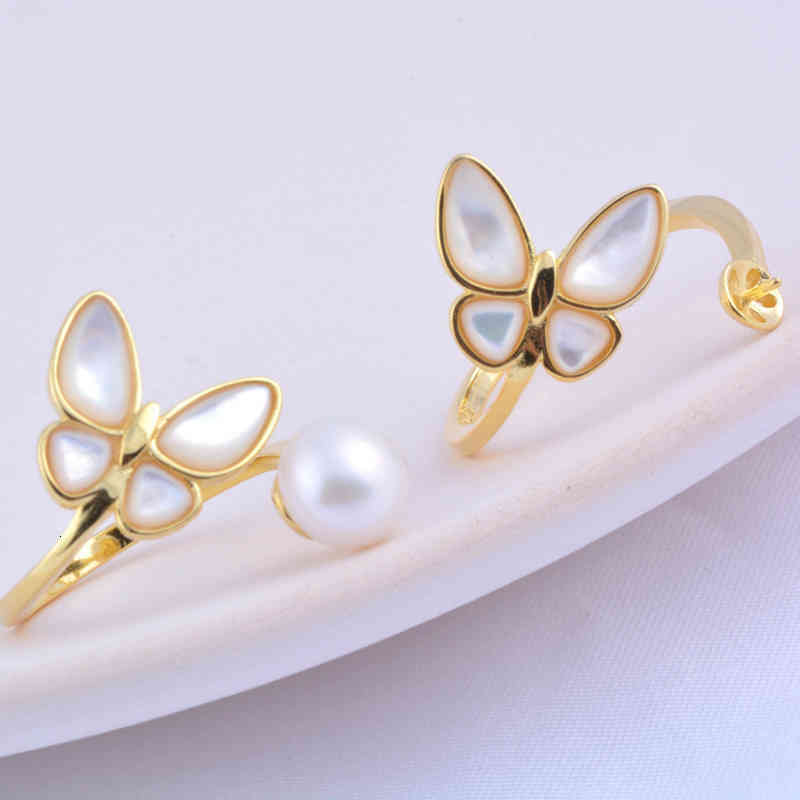 S925 Sterling Silver Pearl Empty Support Fashion Cool Wind Three-dimensional Butterfly Opening Ring Women's Semi-finished Parts
