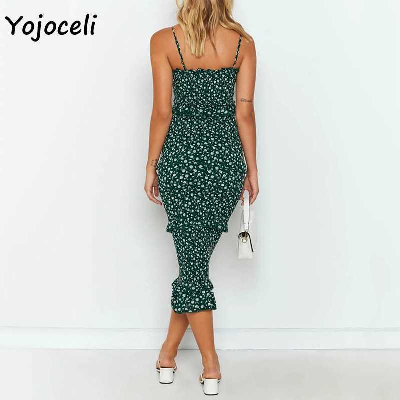Yojoceli floral print ruffle dres bodycon mini shirred midi boho beach sun 210609