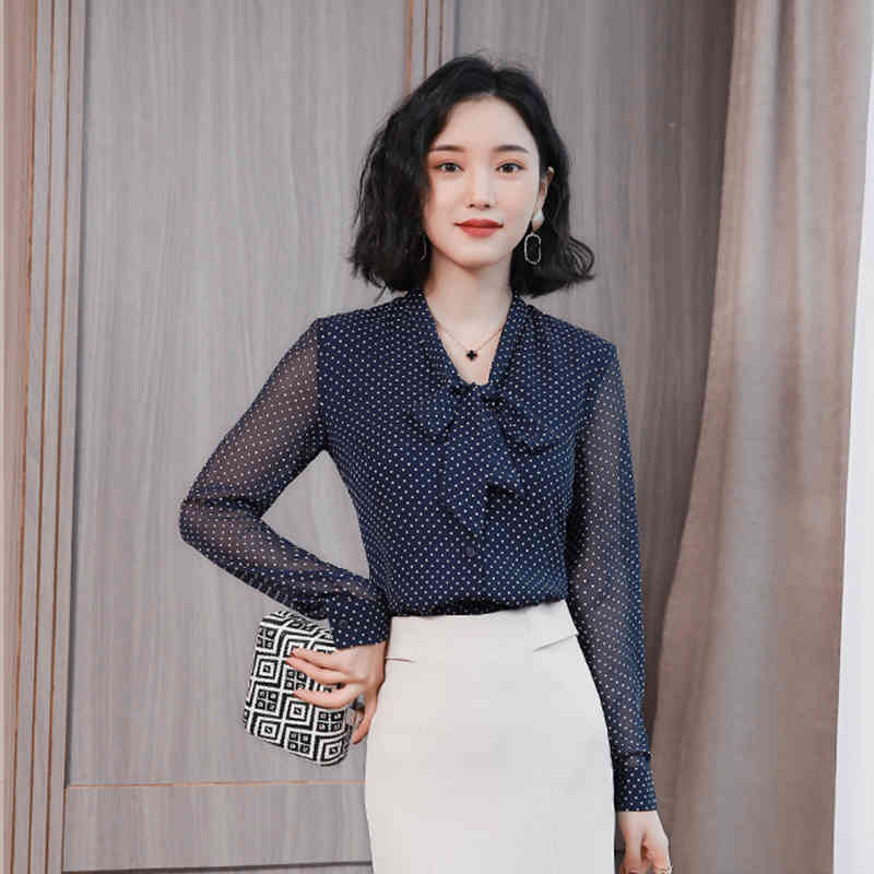 Fashion blue dot print chiffon blouse shirt womens tops and s Bow collar offoce long sleeve women shirts 1864 50 210506