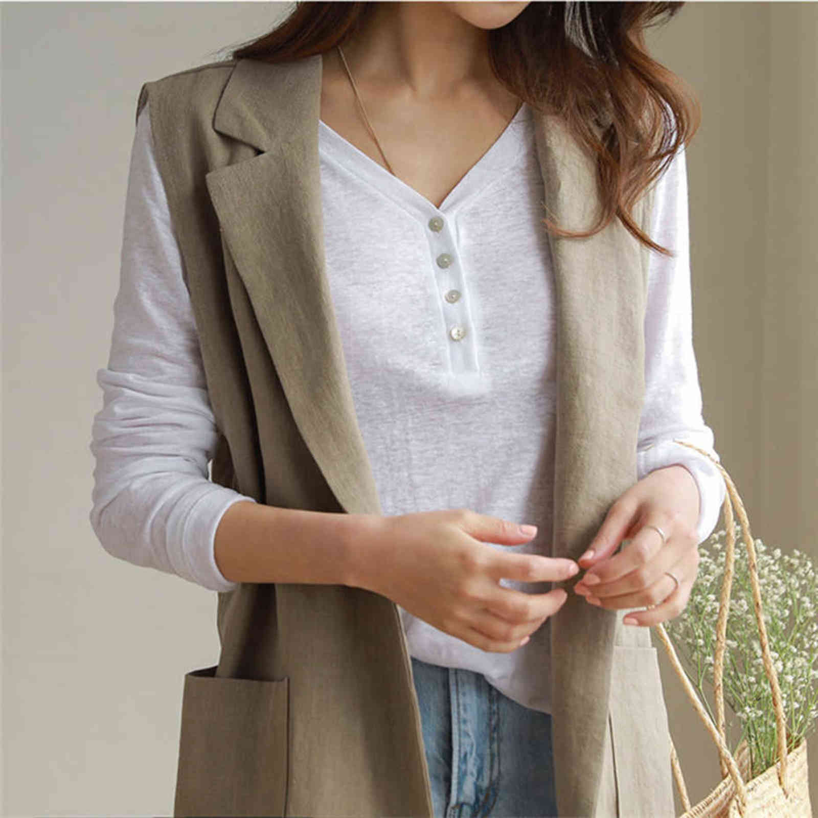 M-2XL Single-breasted Loose Simple Vest Jacket White Autumn Spring Sleeveless Suit Waistcoat Linen Long Coat Female QEN009 211120