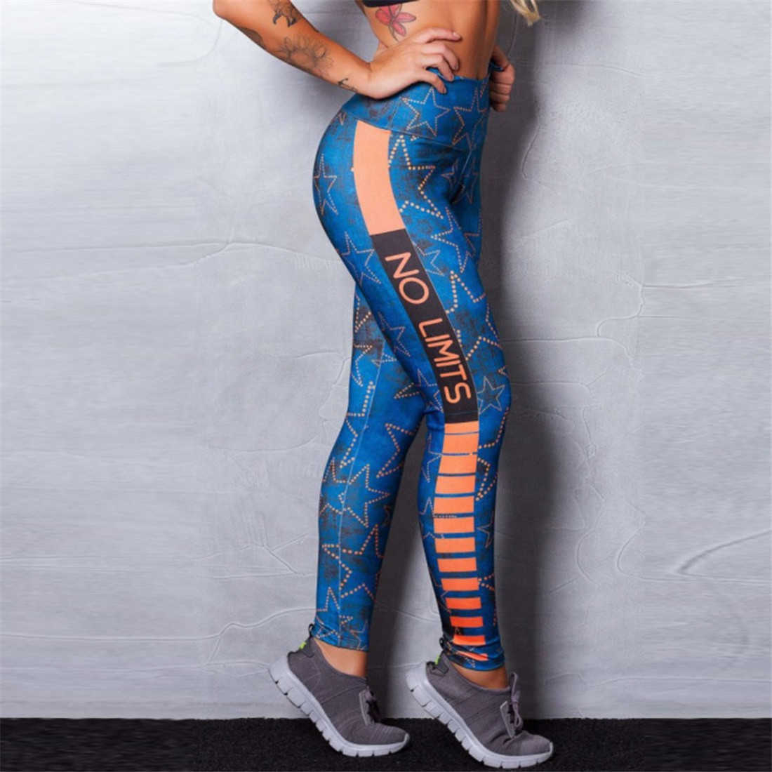Hollow Star Pattern Printing Fitness Sportswear Elastic Force Leggings Vintage Blue High Waist Breathable Polyester Leggings 210820