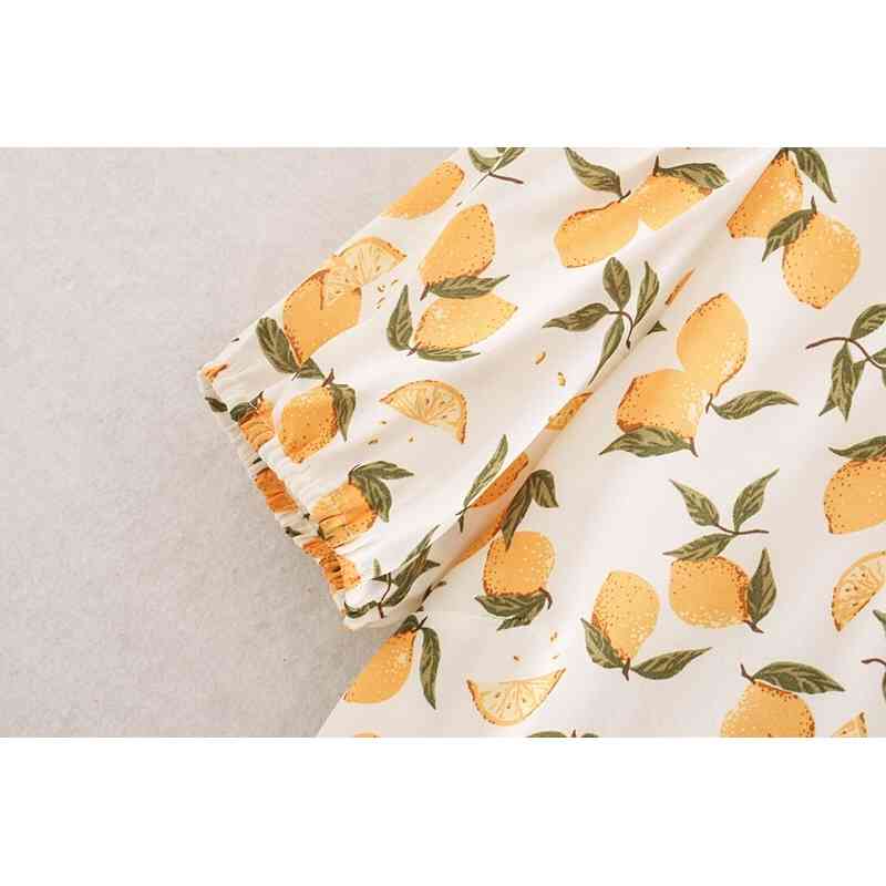 Vintage France V neck Orange Lemon Print Wrap Dress Holiday Woman Tie Bow Waist Short Sleeve Slit Midi Tea Dresses 210429