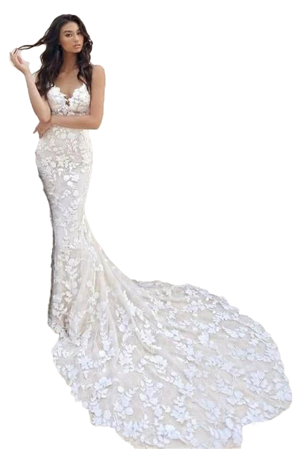 Spaghetti Straps Mermaid Wedding Dress Floral Lace Applique Backless V Neck Sweep Train Trumpet Bridal Gowns Modern