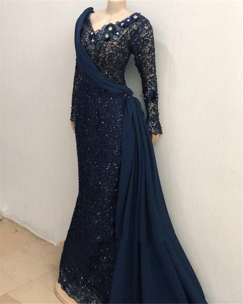 African Long Sleeves Lace Mermaid mother of the bride dresses Aso Ebi Long Sleeves Pleats Navy Blue Prom mother Gowns Robe De Soiree