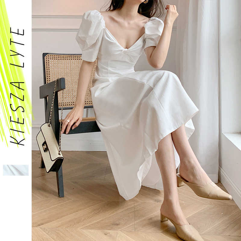 White Dress Puffed Sleeve Summer French Style Vacation Elegant Office Lady Party V-neck Dresses 210608
White Dress Puffed Sleeve Summer French Style Vacation Elegant Office Lady Party V-neck Dresses 210608