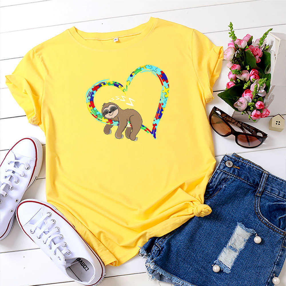 S-5XL Fashion 100% Cotton Women T-Shirt Casual Loose Lazy Sloth Heart Print Summer Female Tees Top Plus Size W871 210526