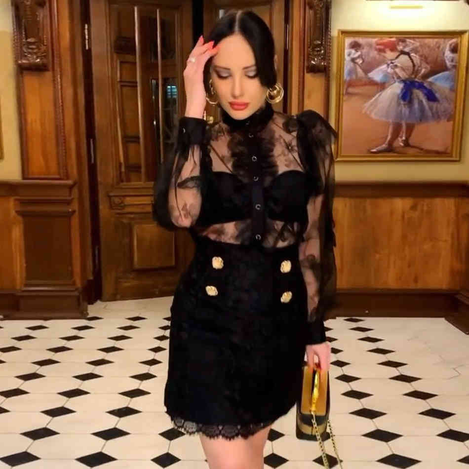 Free Sexy Women's Dress O-Neck Long Sleeve Lace Patchwork Bandage Black Bodycon Club Party Vestido 210524