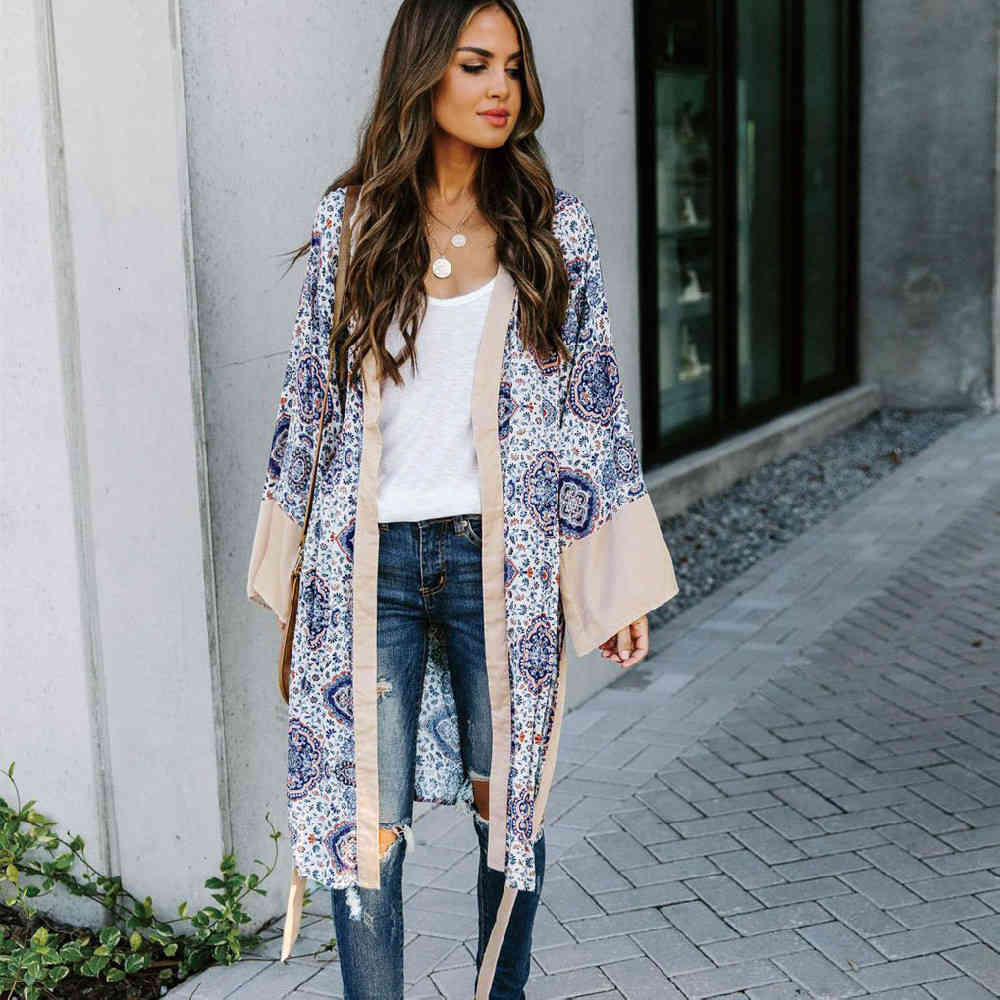 Boho Print Robes Bathing Suit Cover-ups Plus Size Beach Wear Self Belted Kimono Dress Women Summer Swimsuit Cover Up A817 210420