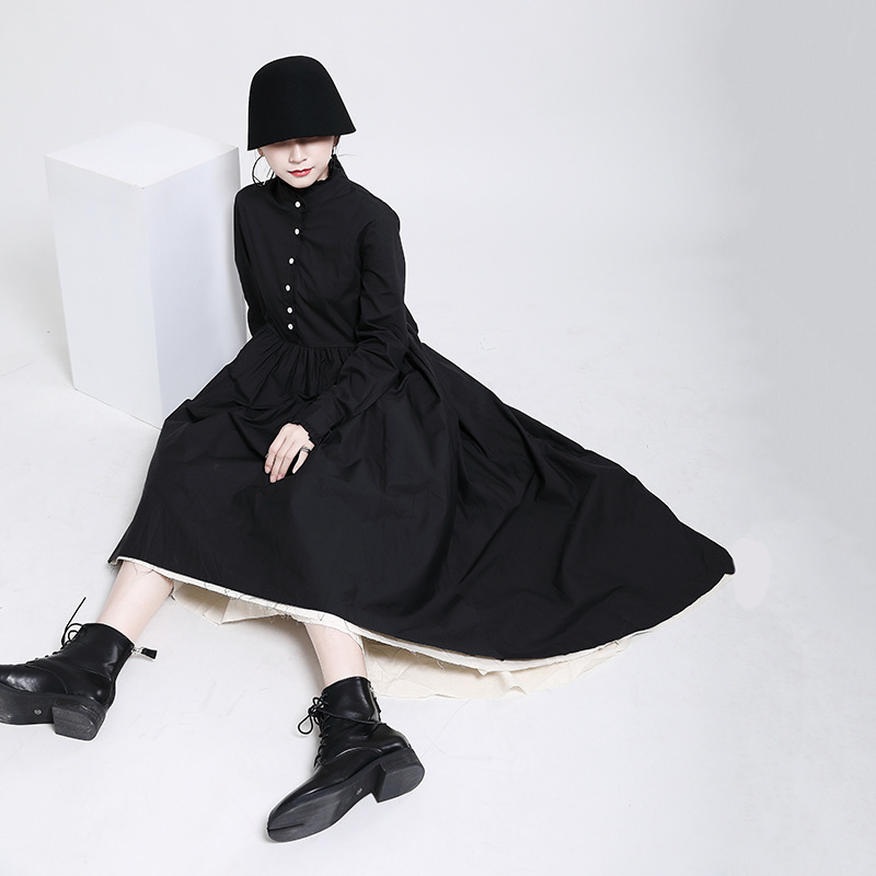[EAM] Women Black Irregular Stitch Long Dress Stand Collar Long Sleeve Loose Fit Fashion Spring Autumn 1DA980 21512