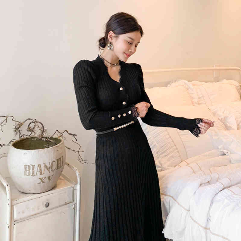 Autumn and winter 2PCS Set Women Knitted Long Sleeves Splicing Lace Single Breasted Sweater top + skirt two piece 210506