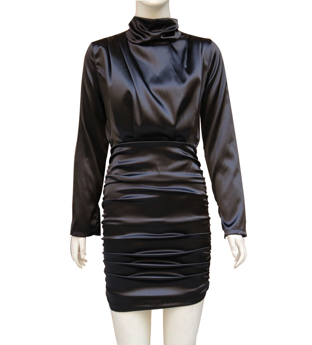 Women Dress Stand Collar Long Sleeves Mini es Pleated High Waist Hip Ladies Plus Size Black es 210513