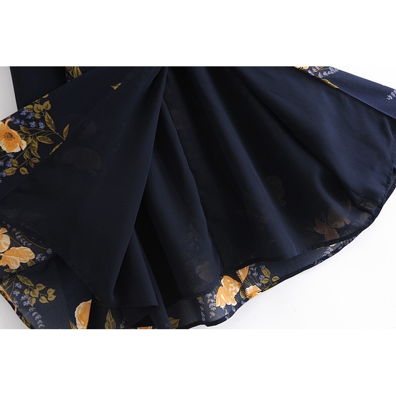 French Summer Navy Blue Floral Print Bandage Spaghetti Strap Midi Dress Retro Sexy Women Lacing Up Sling Slit Vestido 210429
