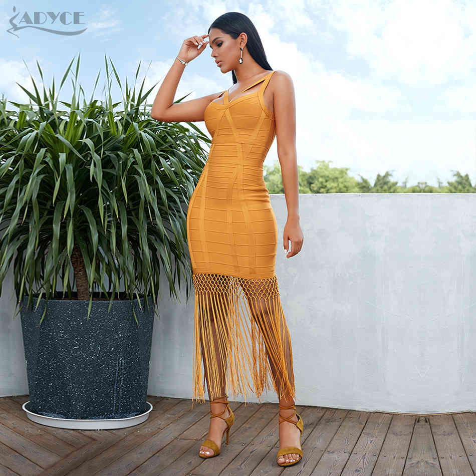 Summer Women Tassel Bandage Dress Vestidos Sexy Sleeveless Bodycon Club Midi Fringe Celebrity Evening Party 210423