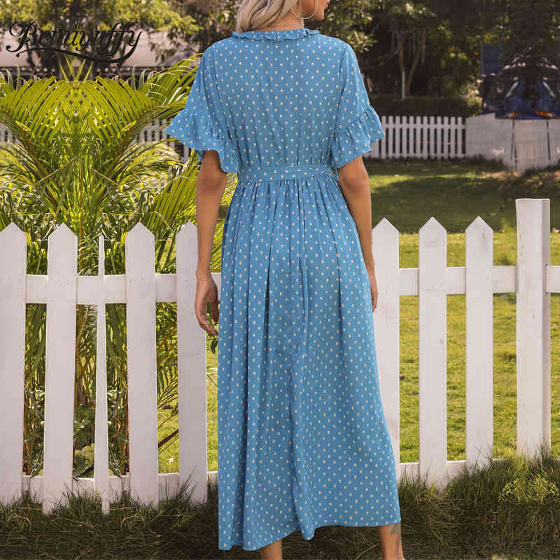 O-Neck Frill Trim Elegant Button Women Dresses Summer High Waist Short Sleeve Printing Long Dress with Belt 210510