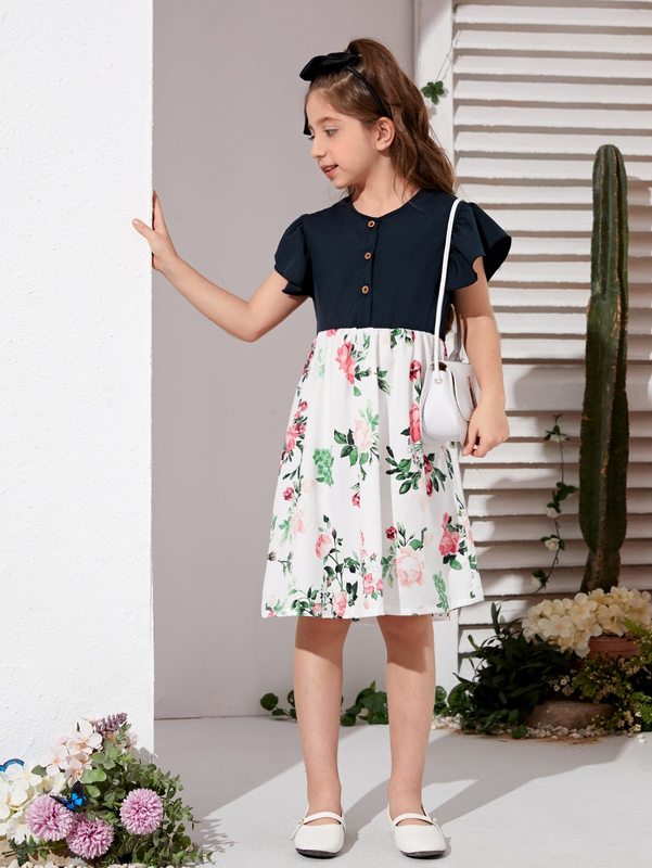 Girls Floral Print Ruffle Trim Dress SHE