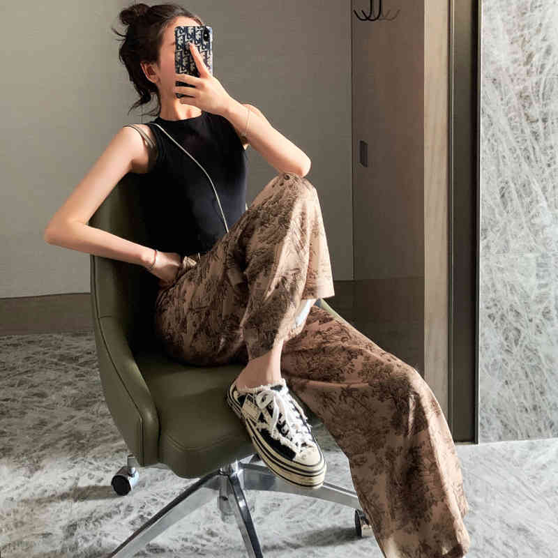 Korean Style Wide Leg Pants Women Vintage Harajuku Print High Waist Trousers Summer Female Palazzo 22828 210519