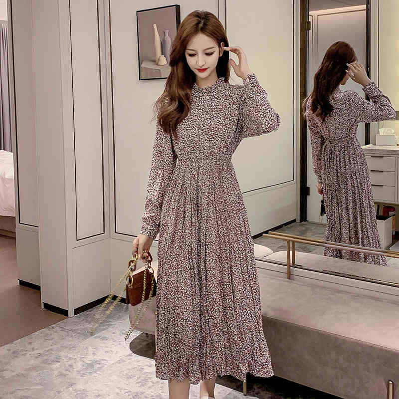 Floral Print Chiffon Dress Autumn Women Vintage Midi Long Sleeve Stand Collar High Elastic Waist Vestidos 10530 210506