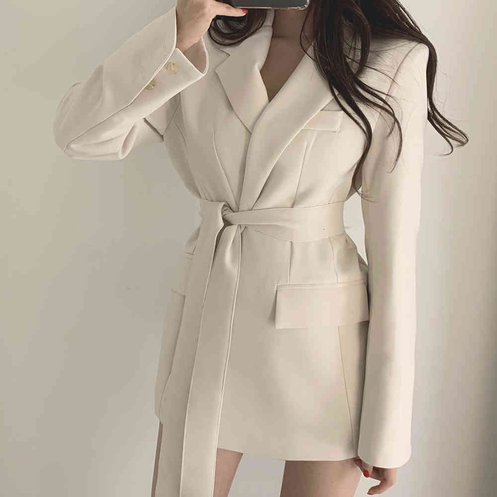Women Korean Elegant Suit Office Blazer Ladies Lace up Notched Formal Outwear Winter Jackets Casual Mid Coat Tops 210428