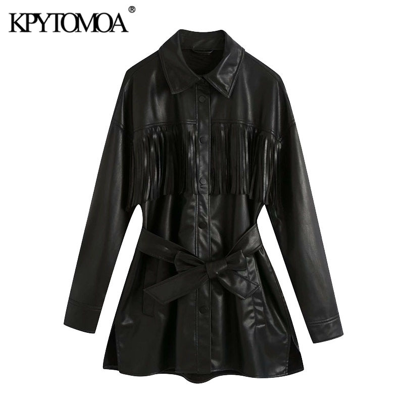 Women Fashion With Belt Tassel Faux Leather Jacket Coat Vintage Long Sleeve Snap-button Female Outerwear Chic Tops 210416