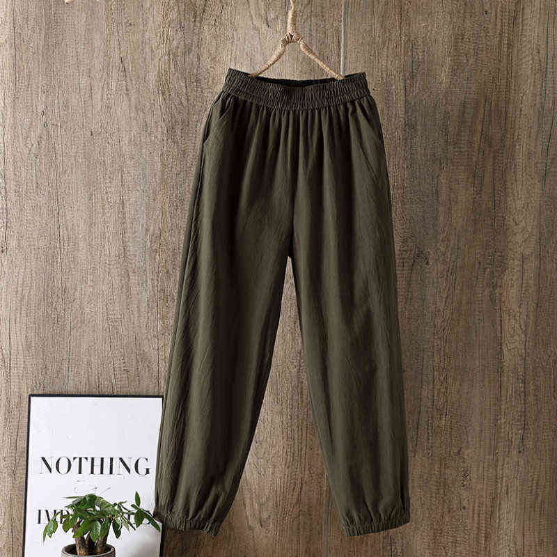 Spring Summer Woman Cotton Linen Pants Elastic Waist Solid Harem Ankle-length s Trousers Bloomer Pencil 211115