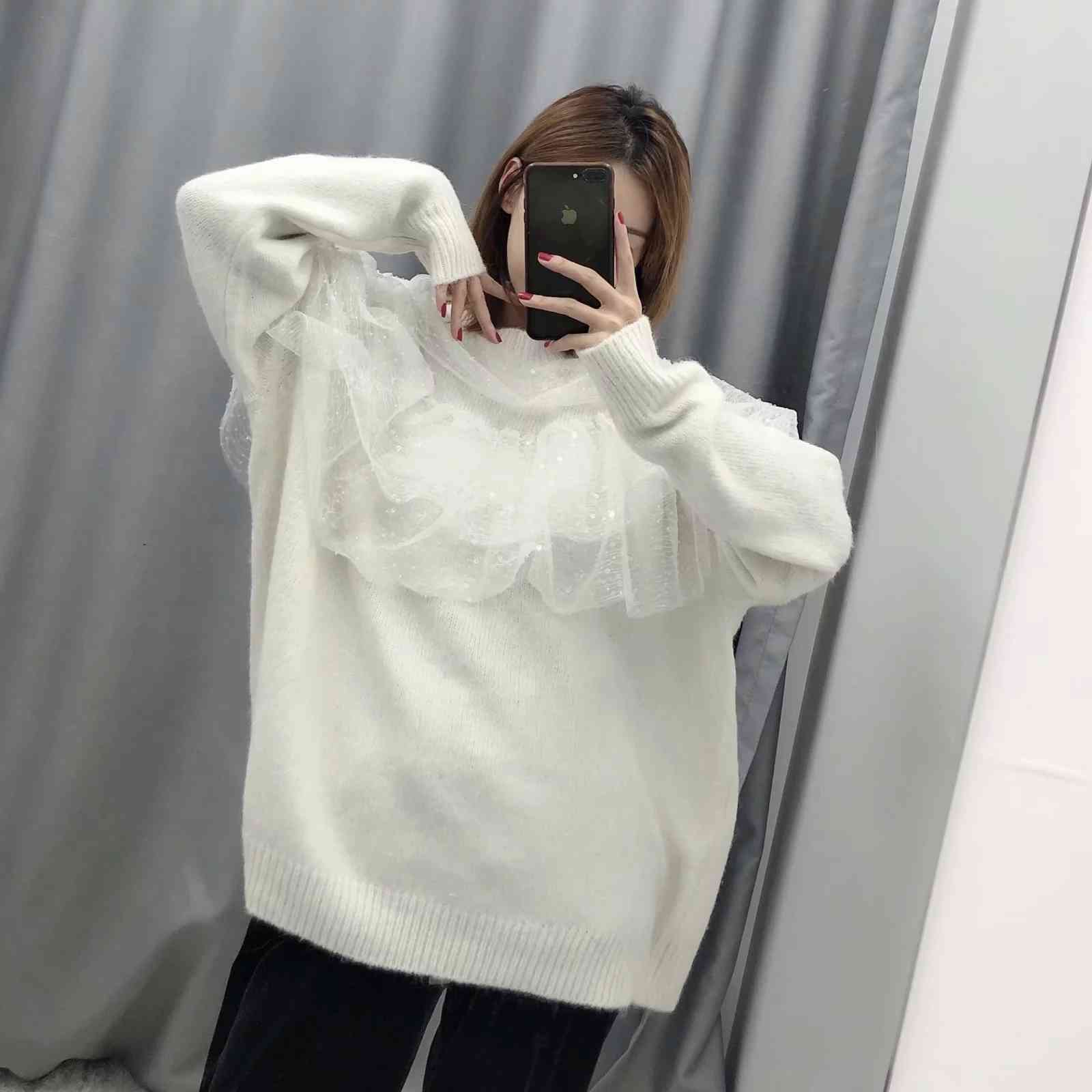 Vintage white ruffle sweater women long sleeve knitted female winter clothes 210521