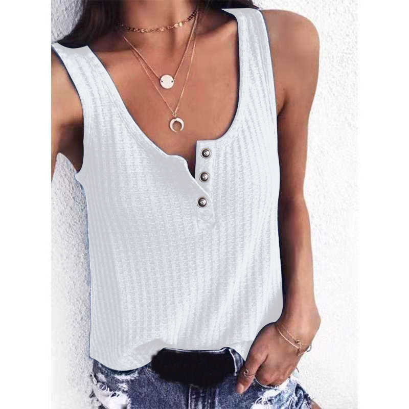 Sexy Summer U-neck Button Black Plaid Sleeveless Tank Top Women Casual Loose Cotton Ribbed Tops Wide Strap Camisole 210604