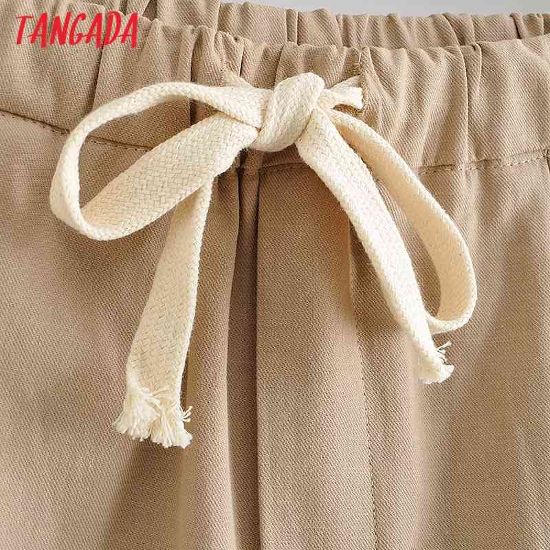 Fashion Women Cotton Linen Crop Trousers Strethy Waist Pockets Female Pants AI30 210416