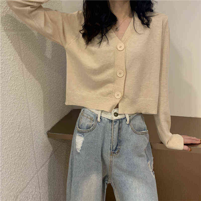 Cardigans Sweater Women Autumn Loose Ladies Knitted Cropped Female Sweaters Long Sleeve V neck Solid Chic Streetwear 211109